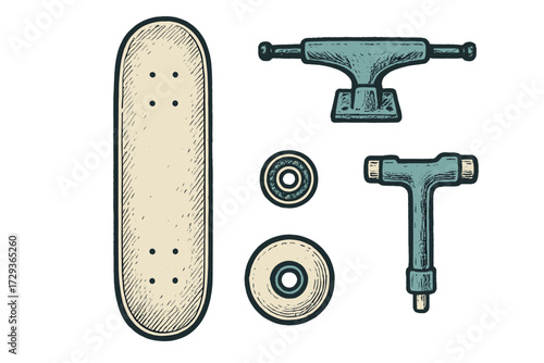 Skateboard components set with deck, truck, wheel, bearings, and T-tool for assembly, repair, and maintenance