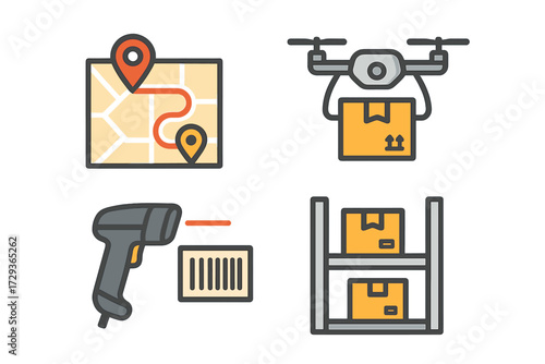 Logistics and delivery service icons including map tracking, drone shipping, barcode scanning, and warehouse storage