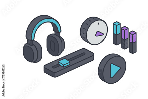 Isometric audio control elements with headphones, volume knob, equalizer, fader, and play button for sound interface design