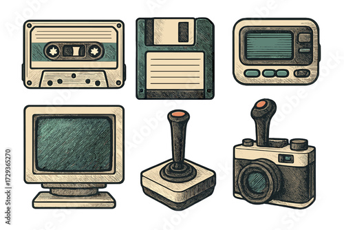 Assortment of classic electronic devices and retro technology items including a cassette tape, floppy disk, handheld game, monitor, and joystick