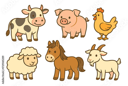 Charming collection of cute cartoon farm animals featuring cow pig chicken sheep horse and goat characters for children