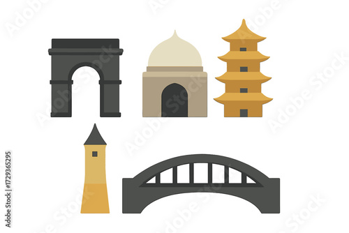 A diverse collection of famous architectural landmarks and historical monuments from various global travel destinations around the world