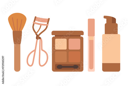Essential beauty products flat lay with makeup brush, eyelash curler, eyeshadow palette, lip gloss, and foundation