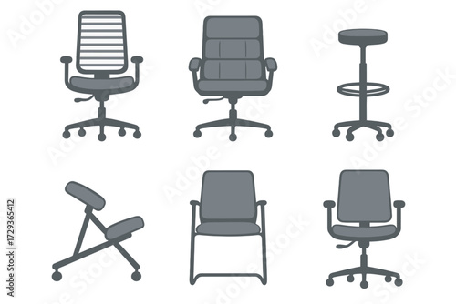 Assortment of modern office chairs, ergonomic seating, and bar stools for various interior designs and workspaces