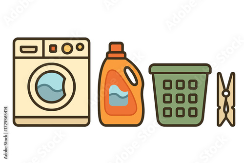 Household laundry items including washing machine, liquid detergent, clothes basket, and wooden clothespin