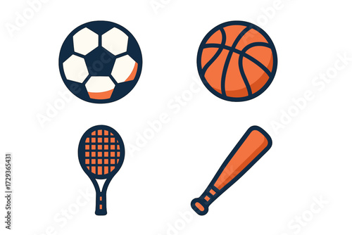 Diverse collection of popular sports equipment for athletic activities like soccer, basketball, tennis, and baseball