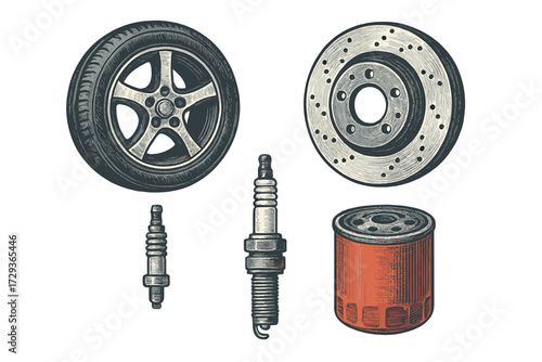 Essential automotive spare parts collection for vehicle maintenance and repair, featuring wheel, brake disc, spark plugs, and oil filter