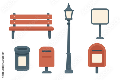 Various urban street furniture and public amenities such as bench, lamp post, mailbox, trash can, and sign