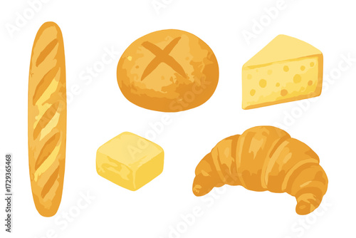 Delicious assortment of freshly baked bread, golden croissant, creamy butter, and savory cheese for breakfast