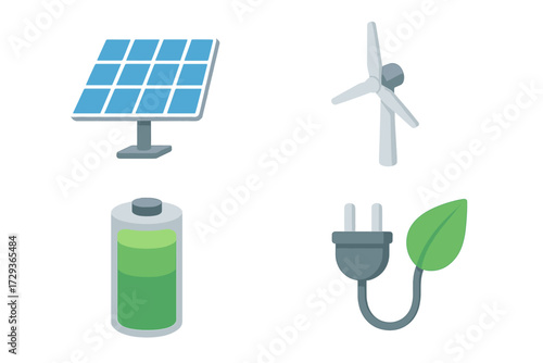 Renewable energy sources and sustainable power generation icons set with solar panel, wind turbine, battery, and eco plug