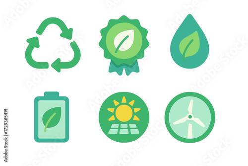 Environmental sustainability symbols for recycling, eco label, water drop, green battery, solar energy, and wind power