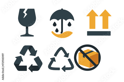 Set of shipping and packaging symbols for safe handling, storage, and environmental responsibility, including fragile, keep dry, and recycling icons