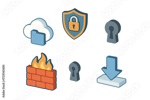 Set of isometric icons for cybersecurity, cloud storage, data protection, network firewall, digital access, and secure data transfer