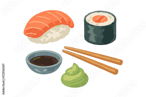 Delicious traditional Japanese sushi meal featuring salmon nigiri, maki rolls, soy sauce, wasabi, and chopsticks arranged on a plate