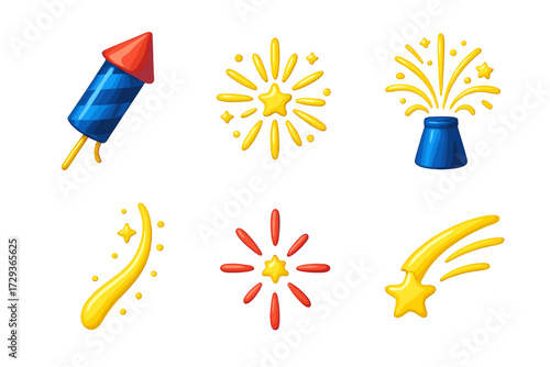 Festive fireworks and celebration elements with rockets, sparks, and stars for holiday events and parties