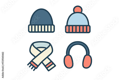Warm winter clothing accessories including hats, scarf, and earmuffs for cold weather protection