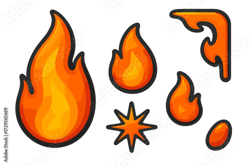 Dynamic collection of vibrant stylized fire elements, flame icons, and heat symbols with gradient colors and bold outlines