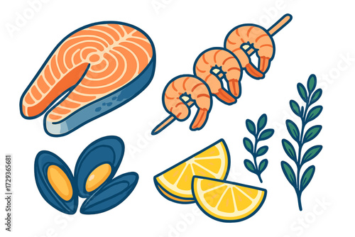 Fresh seafood assortment with salmon steak, shrimp skewer, mussels, lemon wedges, and green herbs