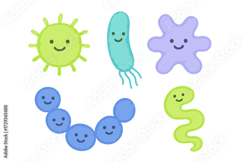 Cute bacteria and virus microorganisms with happy smiling faces in various shapes and vibrant colors