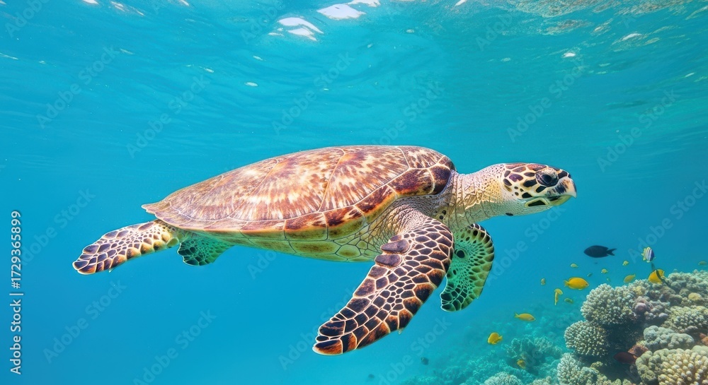 Obraz premium Majestic Sea Turtle Gliding Gracefully Through Vibrant Coral Reef Waters