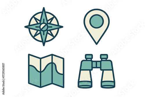 Essential navigation and travel tools set including compass rose map pin folded map and binoculars for adventure and discovery