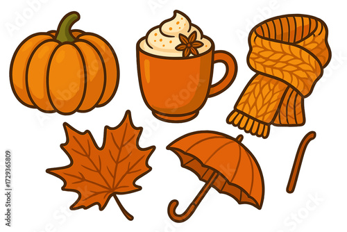 Autumn season elements collection with pumpkin, warm drink, knitted scarf, maple leaf, and umbrella for fall comfort