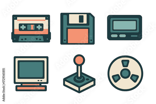 Vintage electronic devices and retro media icons: floppy disk, cassette, joystick, old computer monitor