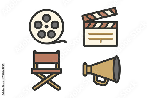 Essential filmmaking tools and cinema production equipment including film reel, clapperboard, director's chair, and megaphone