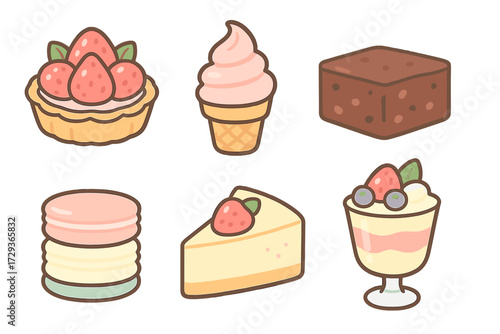 Assortment of sweet desserts including strawberry tart, ice cream, brownie, macarons, cheesecake, and parfait