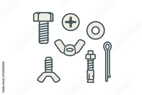 Collection of various industrial fasteners and hardware components like bolts, screws, nuts, washers, and pins