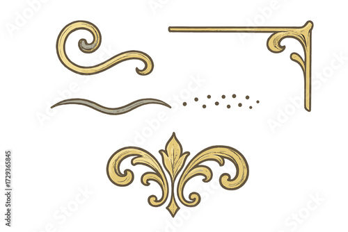 Collection of elegant golden ornamental flourishes and decorative design elements set with vintage baroque style accents and classic dividers
