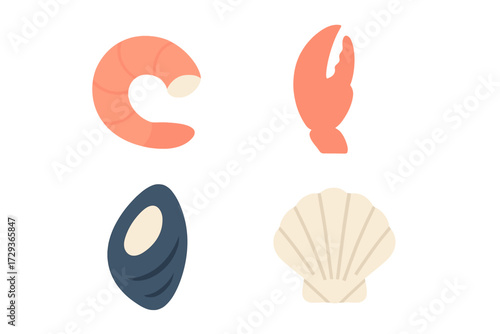 Colorful stylized marine food collection featuring shrimp, crab claw, mussel, and scallop shell for culinary design