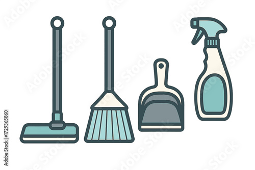 Collection of essential household cleaning tools including mop, broom, dustpan, and spray bottle for domestic chores