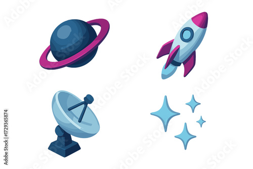 Set of space exploration themed symbols including a ringed planet, rocket ship, satellite dish, and sparkling stars
