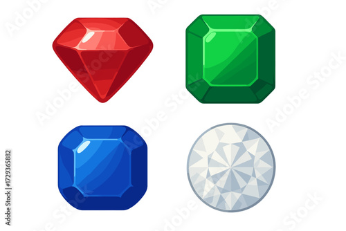 Sparkling faceted gemstones in various shapes and colors, red, green, blue, and clear jewels on white