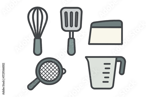 Assortment of essential kitchen utensils and baking tools for culinary preparation and home cooking activities including whisk spatula measuring cup and sieve