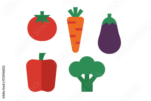 Colorful fresh healthy vegetables including ripe red tomato, orange carrot, purple eggplant, red bell pepper, and green broccoli