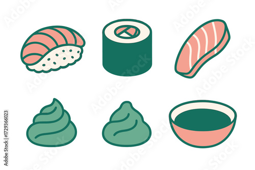 Assortment of traditional Japanese sushi, maki, sashimi, wasabi, and soy sauce for Asian cuisine dining