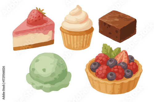 Variety of watercolor style desserts including strawberry cheesecake, frosted cupcake, chocolate brownie, ice cream, and berry tart