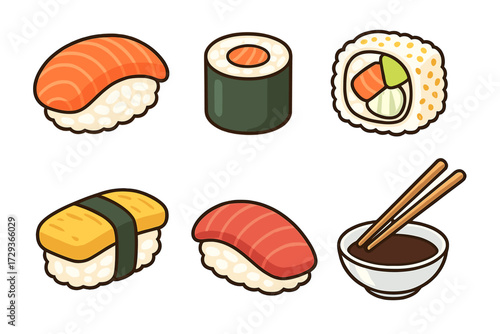 Assortment of traditional Japanese sushi and maki rolls with soy sauce and chopsticks