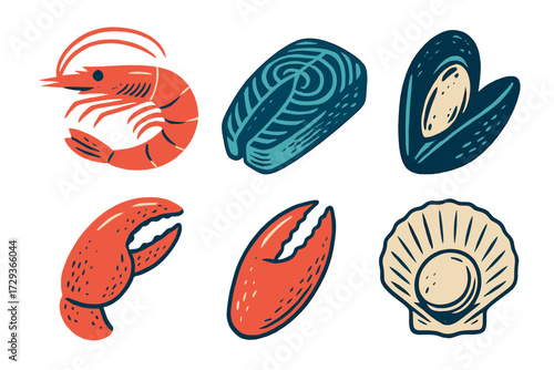 Collection of fresh seafood items including shrimp, salmon fillet, mussel, lobster claw, and scallop shell