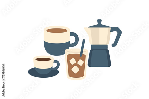 Selection of coffee drinks and brewing equipment featuring a Moka pot, espresso cup, large mug, and iced coffee