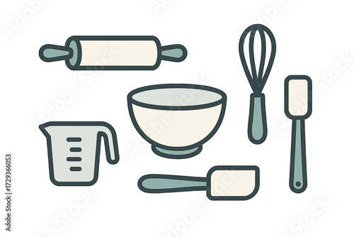 Essential kitchen baking tools including a rolling pin, mixing bowl, whisk, measuring cup, and spatulas for cooking