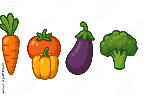 Assortment of fresh garden vegetables including a vibrant orange carrot, red tomato, yellow bell pepper, purple eggplant, and green broccoli