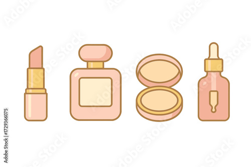 Collection of beauty products including lipstick, perfume, compact powder, and serum bottle