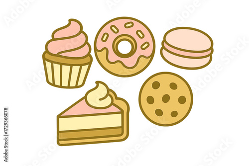 Assortment of delicious sweet baked goods and confectionery desserts including cupcakes, donuts, macarons, cheesecake, and cookies with pink frosting and creamy toppings