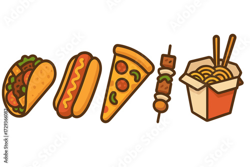 Vibrant assortment of popular fast food and street food items: taco, hot dog, pizza, kebab, and noodles