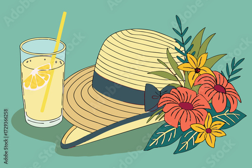  a whimsical still life with a straw hat, glass of lemonade, and colorful flowers, set against a vibrant turquoise background, capturing the essence of a warm summer day, detailed, photorealistic, h