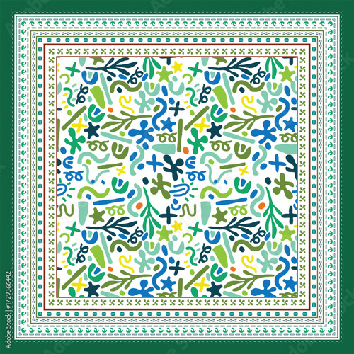 Colorful abstract foliage bandana pattern featuring blue, green, and yellow shapes on a white background, framed by intricate borders.

