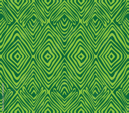 Abstract green seamless pattern featuring wavy diamond shape with varying line thickness, creating a textured, organic effect.

